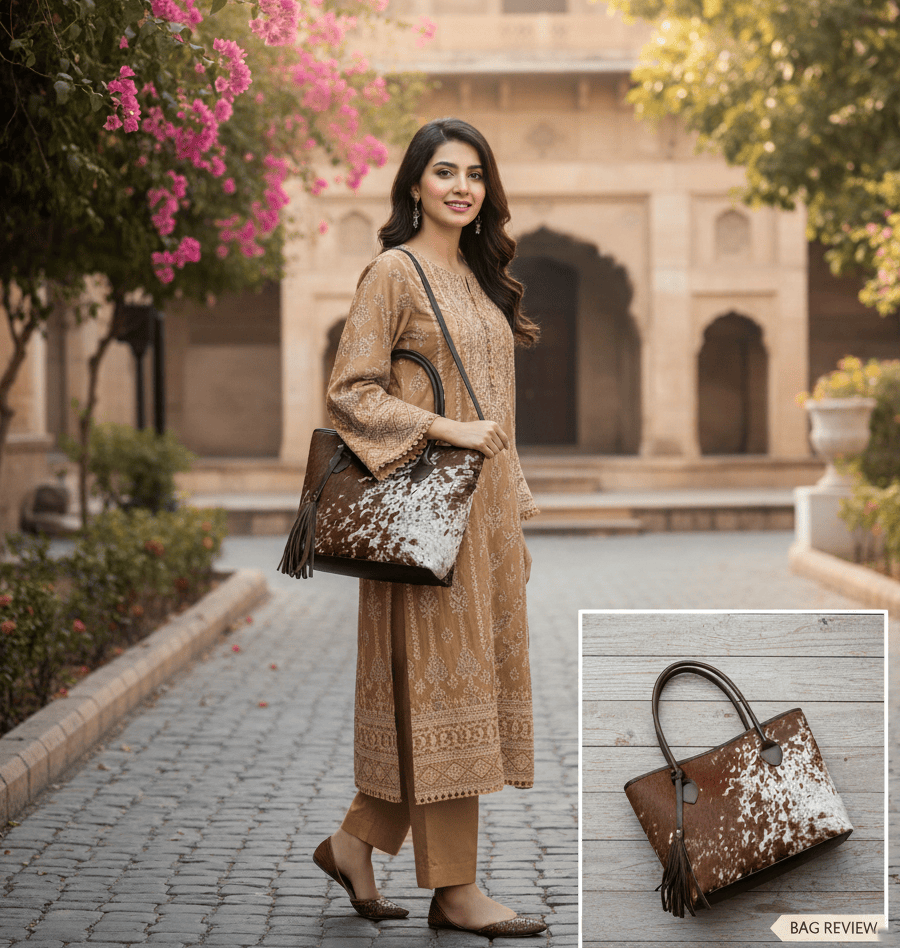 Natural brown and white cowhide leather tote bag