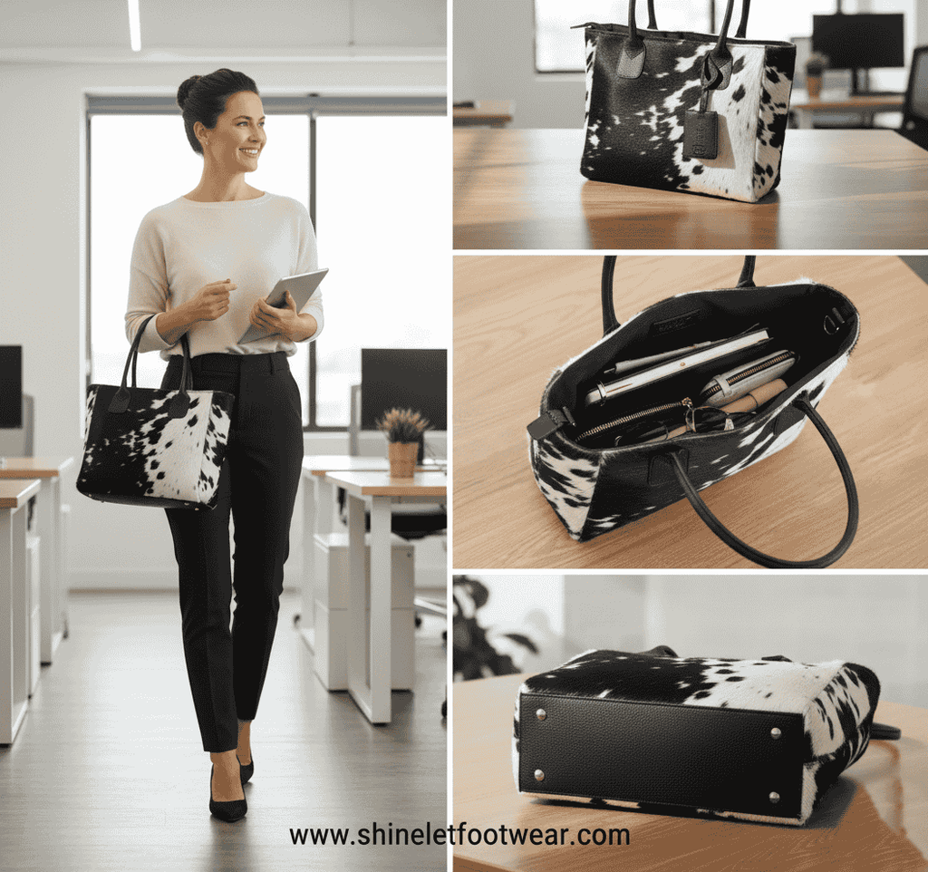 Spacious cowhide leather tote with brown leather handles