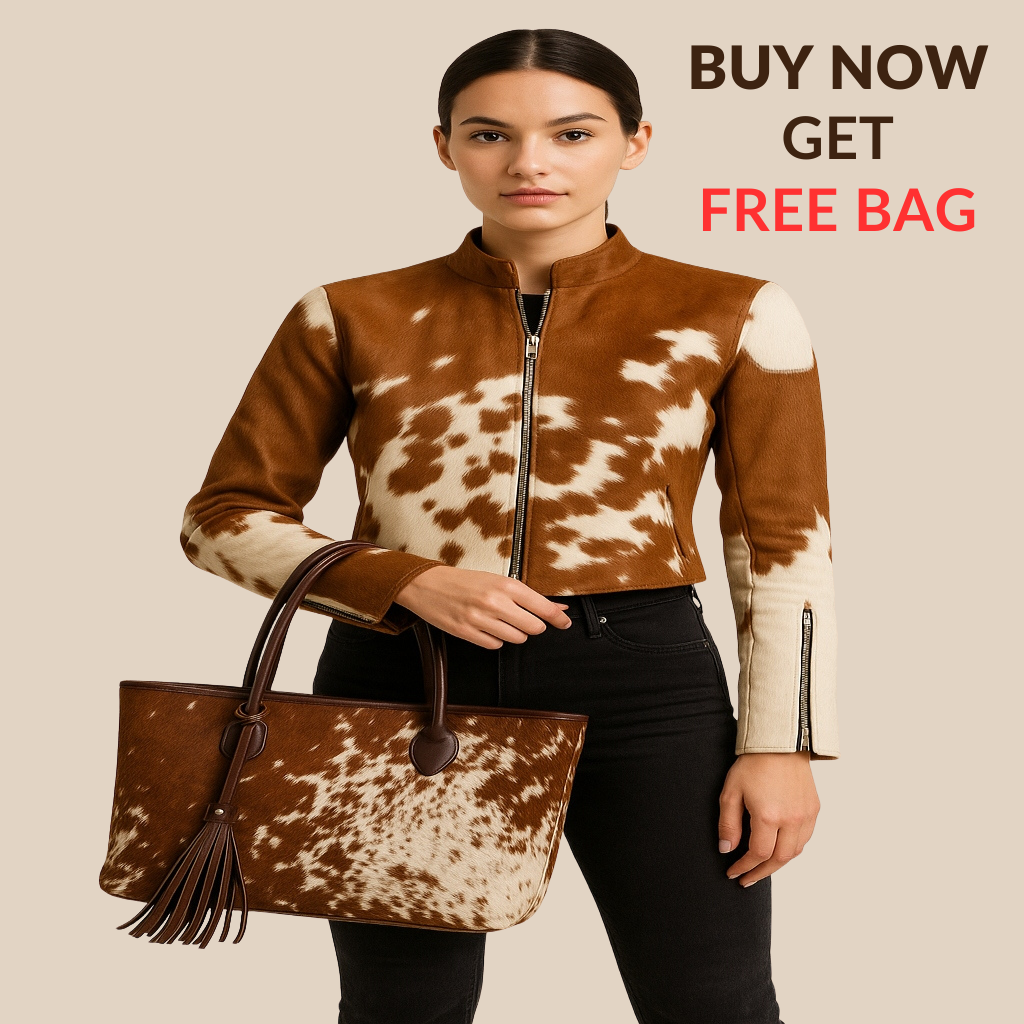 Woman wearing a brown and white patterned jacket holding a matching handbag with 'Buy Now Get Free Bag' text.