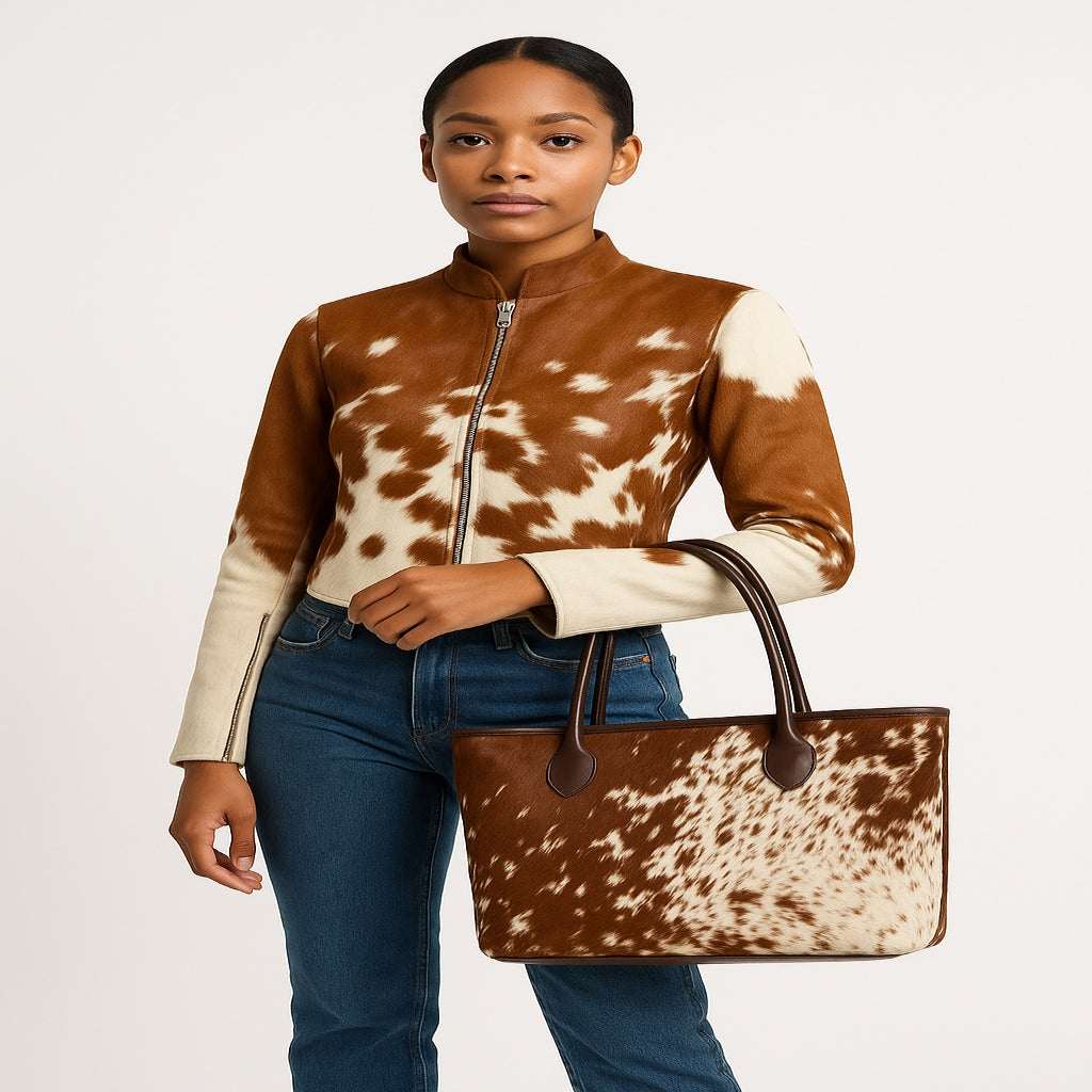Person wearing a brown and white cow print outfit with a matching handbag on a plain background