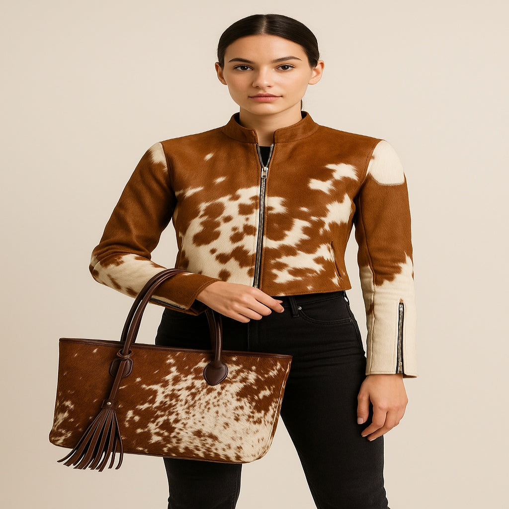 Woman wearing a brown and white cow print jacket holding a matching handbag.