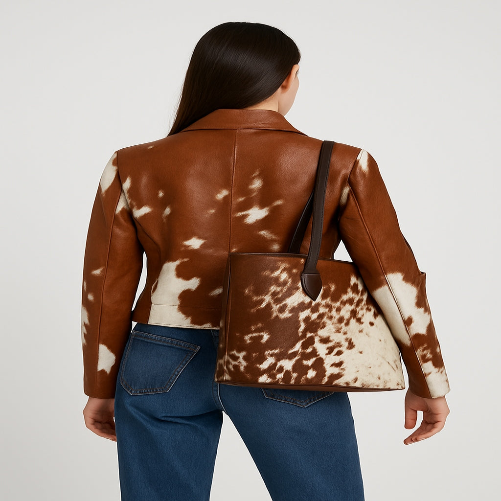 Person wearing a brown and white cowhide leather jacket holding a matching handbag.