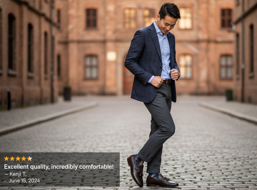 Pakistani businessman wearing brown tassel formal leather shoes navy suit office professional style