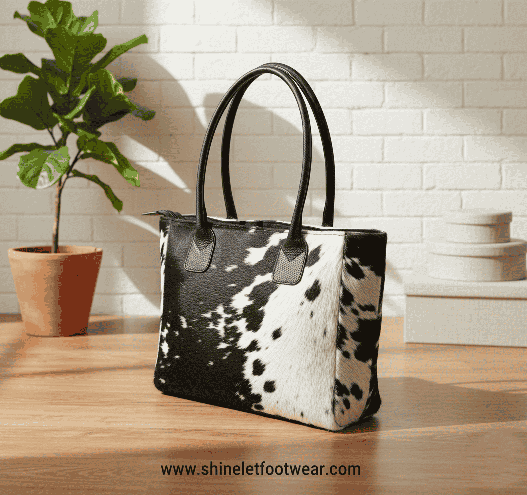 Hair-on-hide leather tote showing unique natural pattern