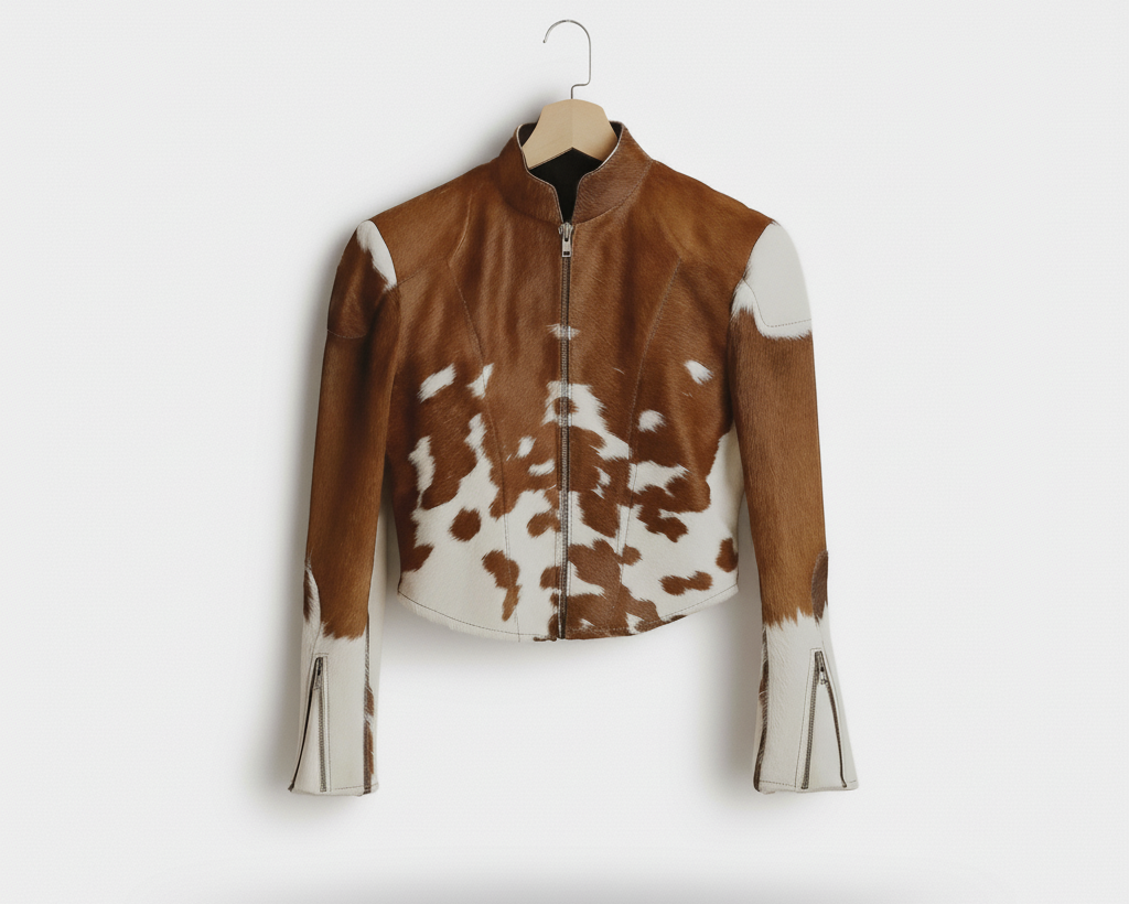 Brown and white cowhide jacket on a hanger against a white background