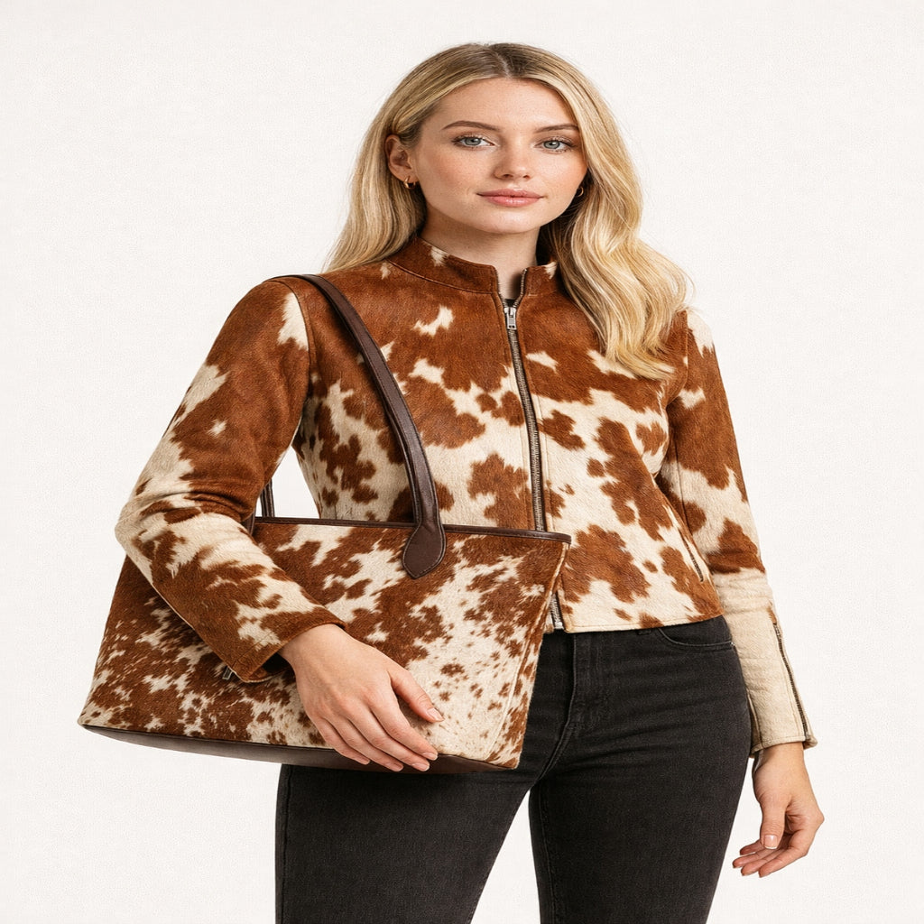 Woman wearing a brown and white cow print jacket holding a matching handbag on a white background